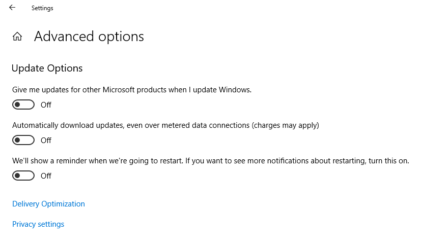 Disable Automatic Update and Restart Settings