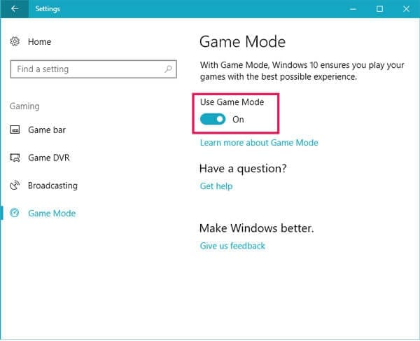 Windows 10 Gaming Mode settings