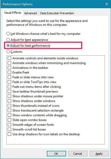 Windows 10 Visual Effect Settings